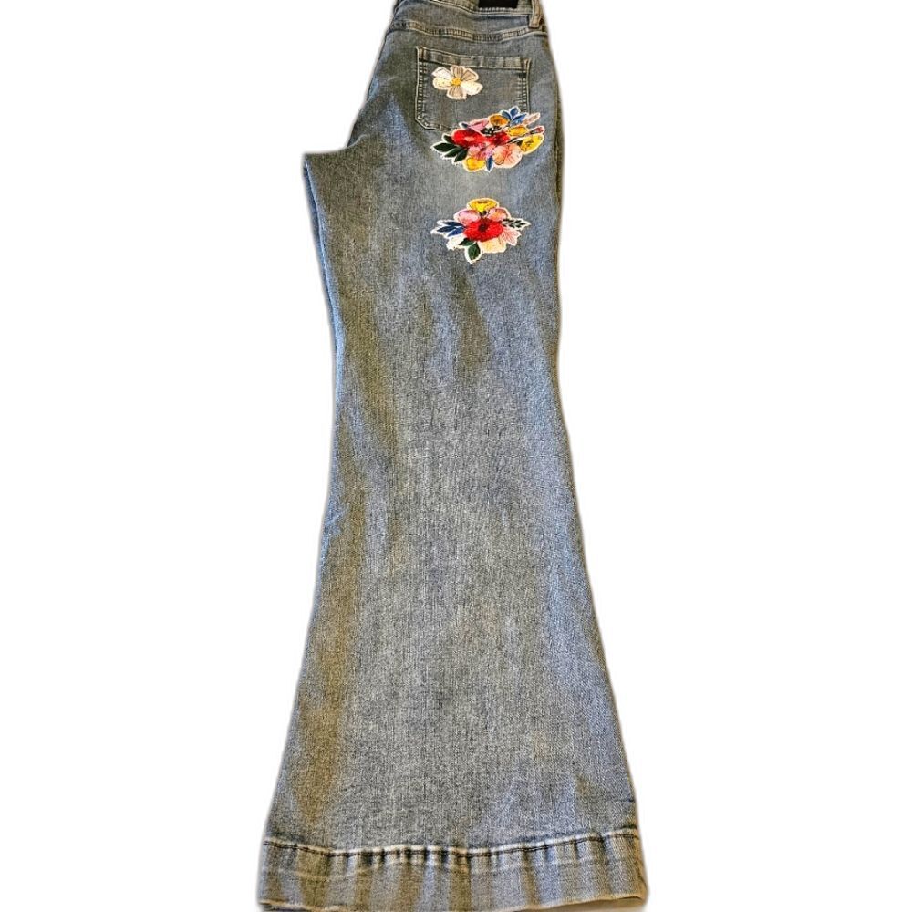 Nicole Miller Jeans Sz 14 Womens Nomad Patches High Rise Bell Bottom Faded Denim - Picture 2 of 16